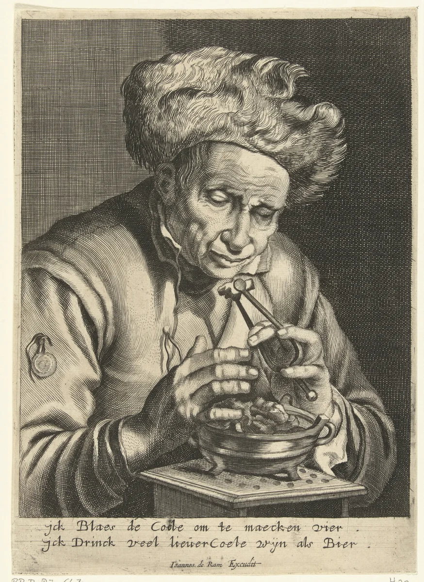 Oude man die een kooltje aanblaast by Hendrik Bary, print, 1657-1693