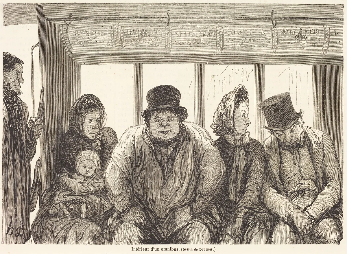 Interieur d'un omnibus [bottom half] by Charles Maurand; Honoré Daumier, print, 1864