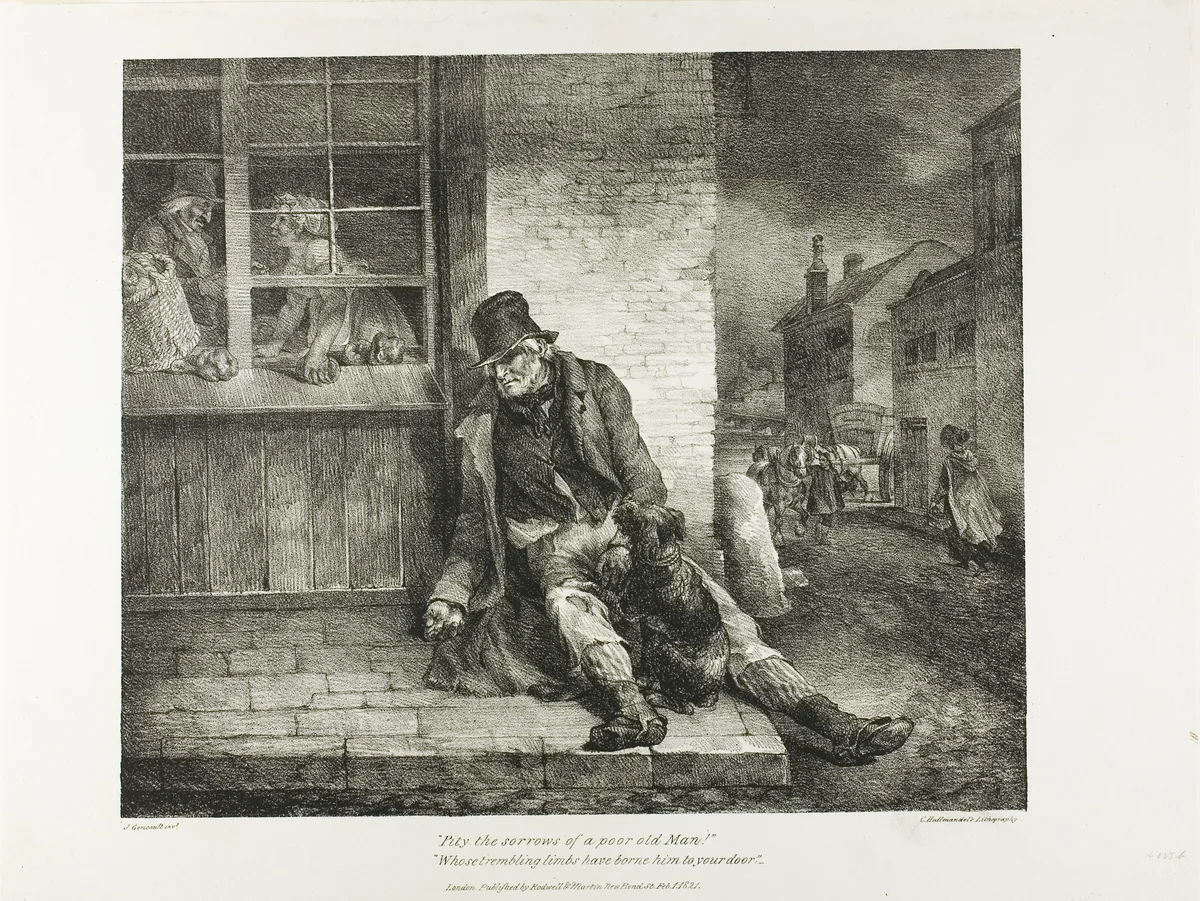 Pity the Sorrows of a Poor Old Man!... plate 2 from Various Subjects Drawn from Life and on Stone (The English Suite) by Jean Louis André Théodore Géricault, print, 1821