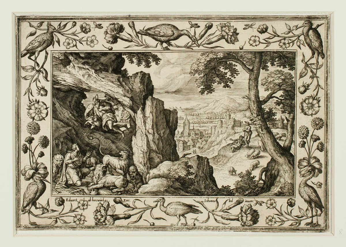 Daniel in the Lion's Den, from Landscapes with Old and New Testament Scenes and Hunting Scenes by Adriaen Collaert, print, 1584