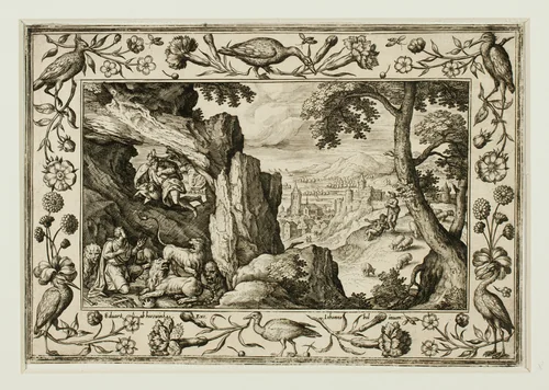 Daniel in the Lion's Den, from Landscapes with Old and New Testament Scenes and Hunting Scenes by Adriaen Collaert, print, 1584