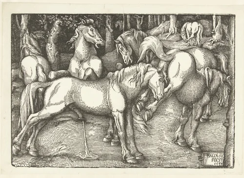 Groep van zes vechtende paarden by Unknown, print, 1534