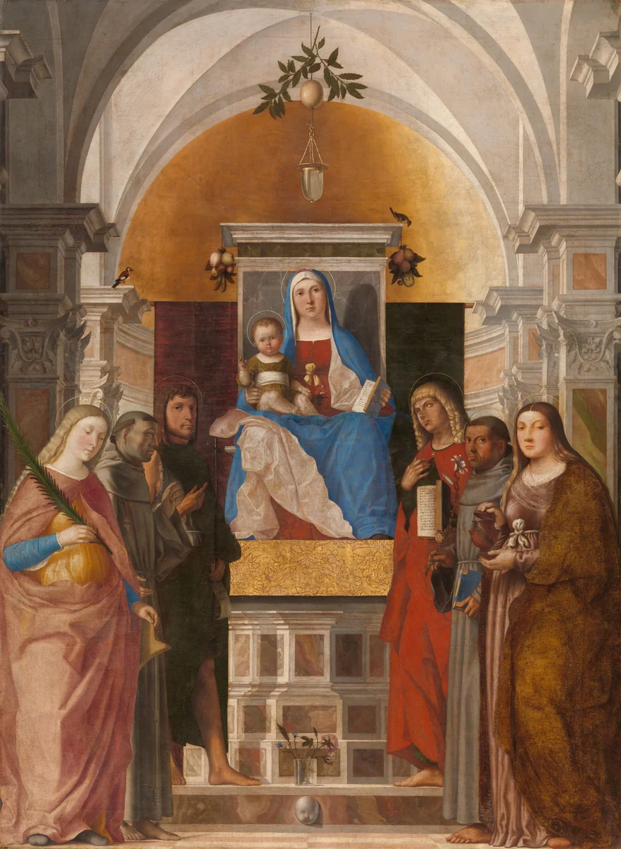 Madonna and Child with Sts Catherine, Francis of Assisi, John the Baptist, John the Evangelist, Antony of Padua and Mary Magdalene by Marcello Fogolino, painting, 1510-1520