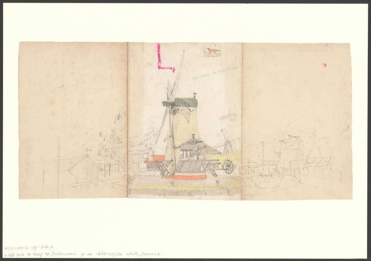 Gezicht op de Singelgracht gezien naar molen De Wolf bij de Wolfsweg by Johan George Lodewijk Rieke, drawing, 1827-1887