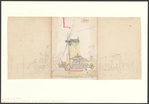Gezicht op de Singelgracht gezien naar molen De Wolf bij de Wolfsweg by Johan George Lodewijk Rieke, drawing, 1827-1887