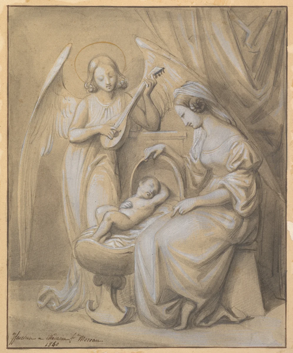 Virgin and Child Adored by a Lute-Playing Angel by Jean-Jacques Feuchère, drawing, 1820-1852