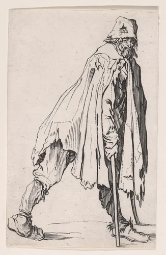 Le Mendiant aux Béquilles Coiffé d'un Bonnet (The Beggar on Crutches Wearing a Cap), from "Les Gueux suite appelée aussi Les Mendiants, Les Baroni, ou Les Barons" (The Beggars, also called the Barons) by Jacques Callot, print, 1618-1628