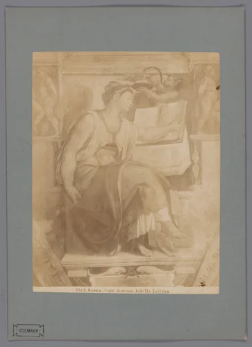 Fotoreproductie van het fresco Sibille van Erythrae door Michelangelo in de Sixtijnse Kapel te Vaticaanstad by anonymous, photograph, 1851-1900