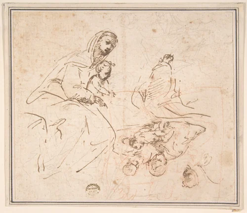 Two Studies for the Madonna and Child (recto); Flagellation (verso) by anonymous, drawing, 1500-1600