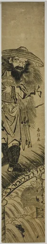 Shoki (Chinese: Zhong Kui), the demon queller, standing on a bridge by Suzuki Harunobu (鈴木春信), print, 1760-1770