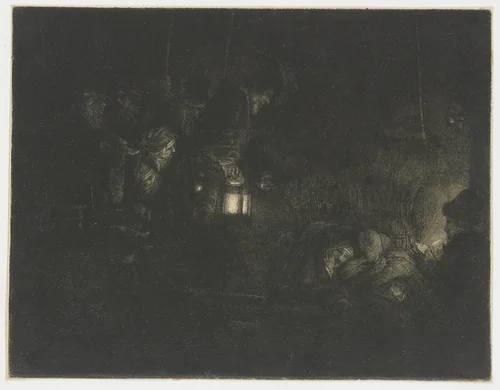 The adoration of the shepherds: a night piece by Rembrandt van Rijn, print, 1657