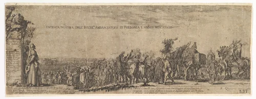 Plate 1: The Entrance of the Polish Ambassador into Rome, the Medici coat of arms at left by Stefano della Bella, print, 1633