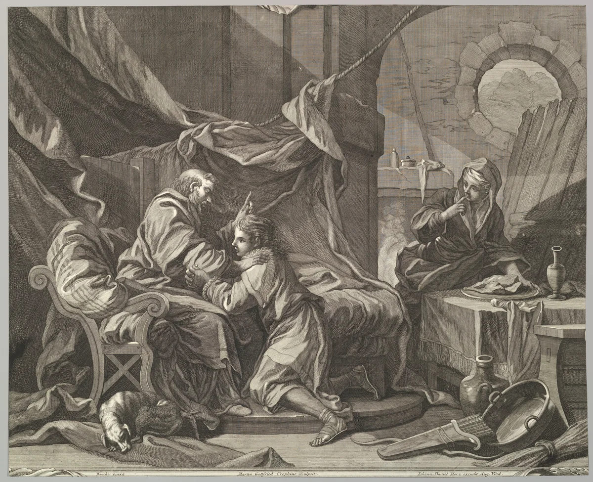 Isaac Blessing Jacob by Martin Gottfried Crophius, print, 1732-1765