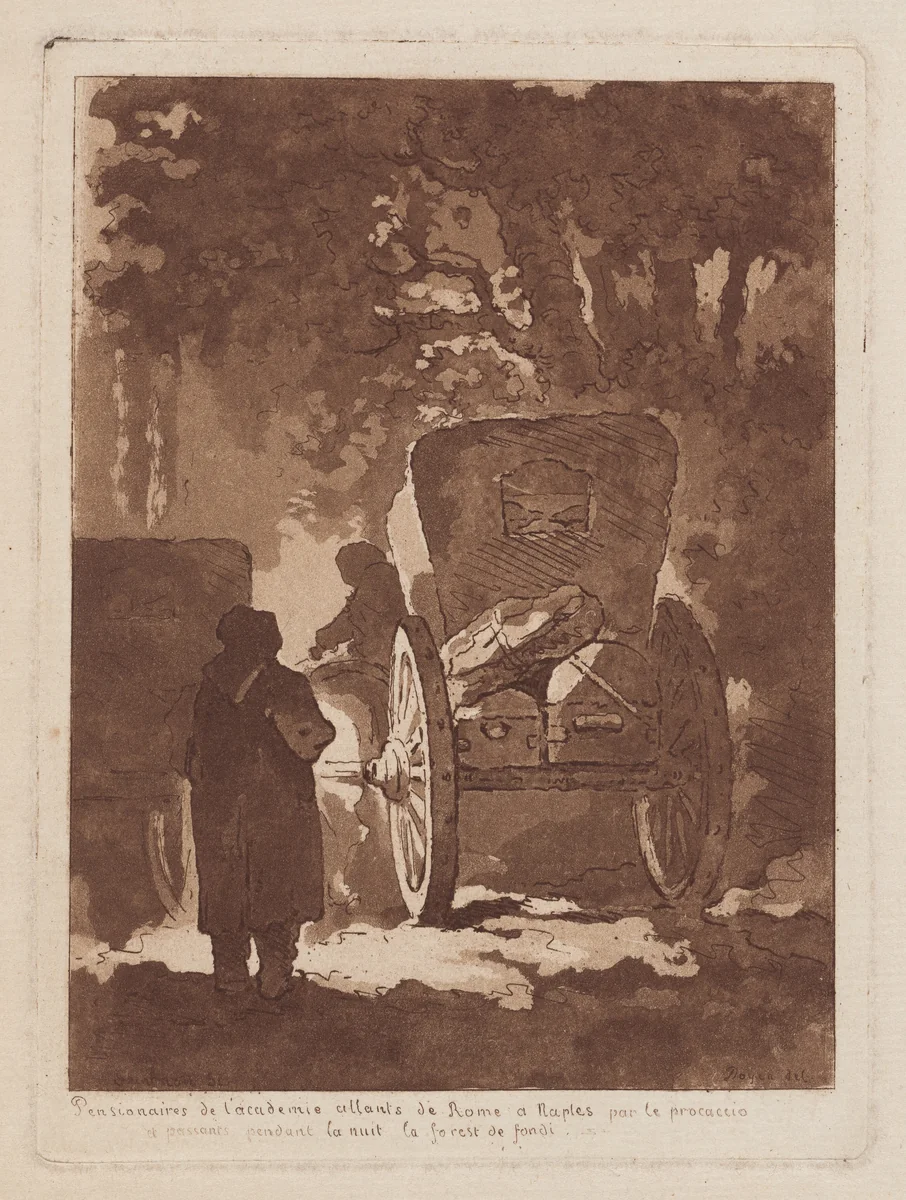 Pensionnaires de l’Académie allants de Rome à Naples par le procaccio et passants pendant la nuit la forest de fondi (Pensionnaires from the French Academy Going from Rome to Naples by Carriage and Passing through a Forest in Fondi during the Night) by Gabriel François Doyen, print, 1761-1771