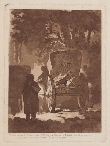 Pensionnaires de l’Académie allants de Rome à Naples par le procaccio et passants pendant la nuit la forest de fondi (Pensionnaires from the French Academy Going from Rome to Naples by Carriage and Passing through a Forest in Fondi during the Night) by Gabriel François Doyen, print, 1761-1771