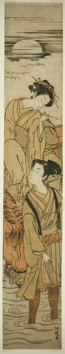 Crossing a River on a Moonlit Night by Isoda Koryusai, print, 1770-1780