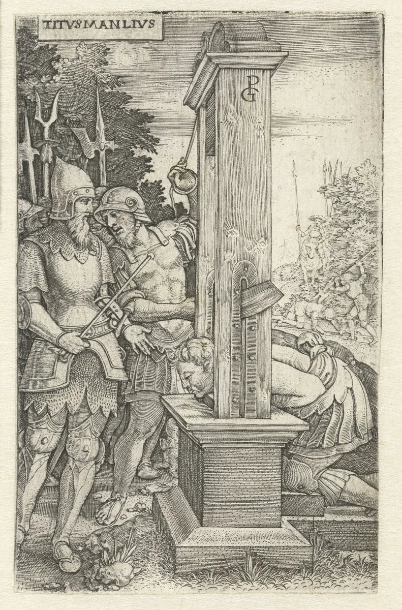 Titus Manlius Torquatus laat zijn zoon onthoofden by Unknown, print, 1535