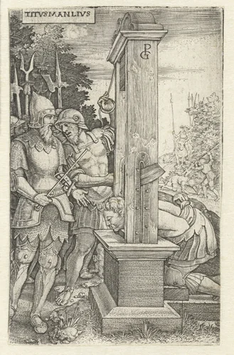 Titus Manlius Torquatus laat zijn zoon onthoofden by Unknown, print, 1535