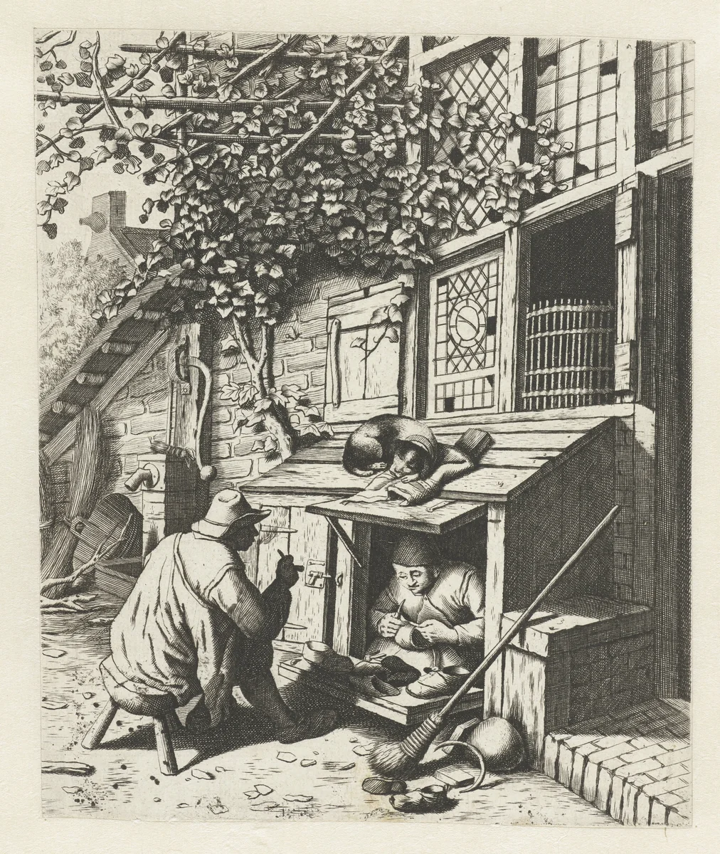 Schoenmaker in winkel voor zijn huis en een klant by anonymous, print, 1671-1745