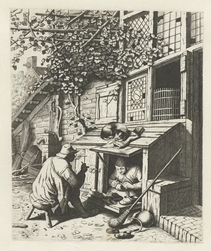 Schoenmaker in winkel voor zijn huis en een klant by anonymous, print, 1671-1745