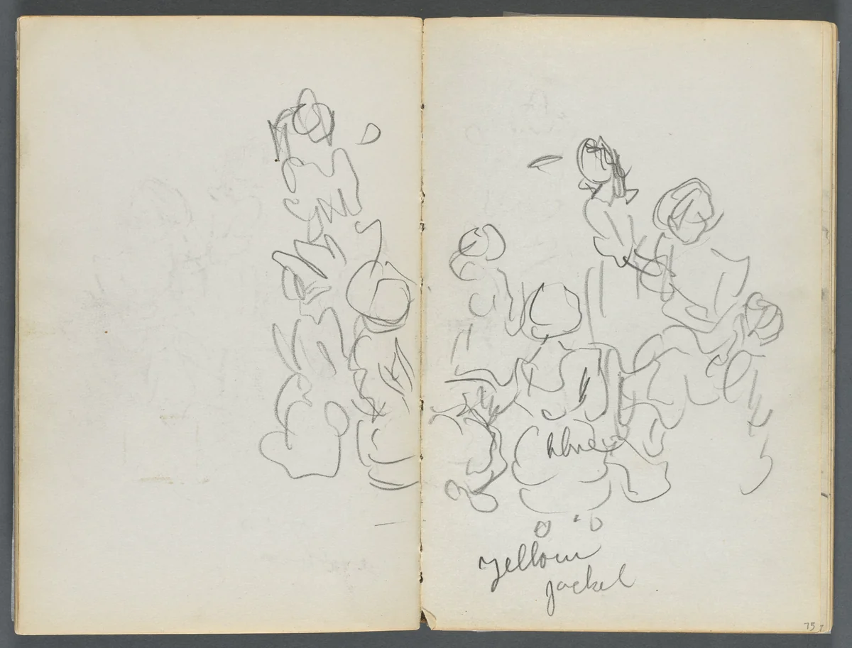 Sketchbook, The Dells, N° 127, page 074 & 75: Figures with color notations by Maurice Prendergast, book, 1919-1921
