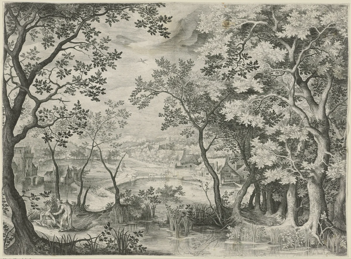 Landschap met Juda en Tamar by Unknown, print, 1580-1625