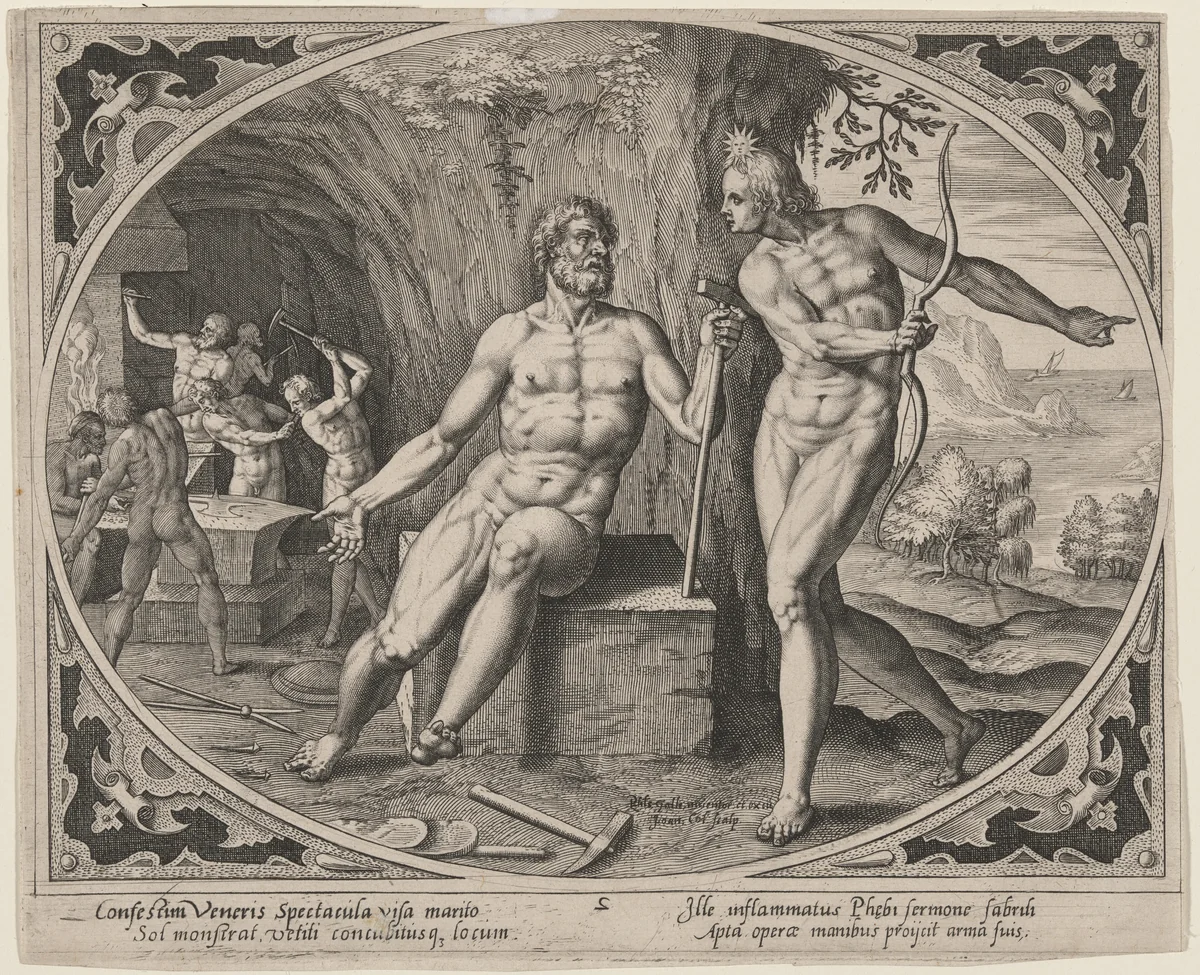 Phoebus Telling Vulcan of His Wife's Adultery by Hans Collaert the Younger, print, 1580-1628