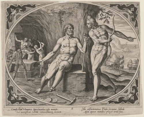 Phoebus Telling Vulcan of His Wife's Adultery by Hans Collaert the Younger, print, 1580-1628