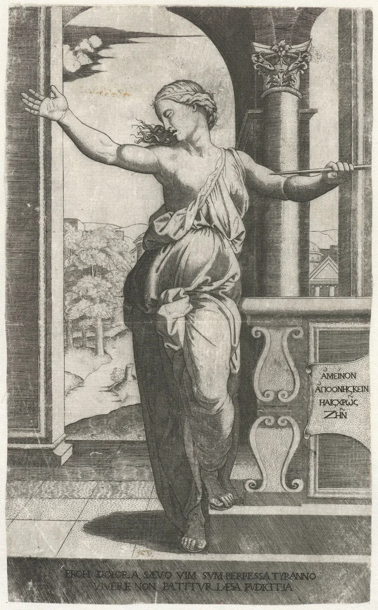Lucretia staat op punt zichzelf te doden met dolk by anonymous, print, 1509-1560