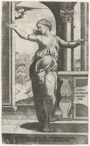 Lucretia staat op punt zichzelf te doden met dolk by anonymous, print, 1509-1560