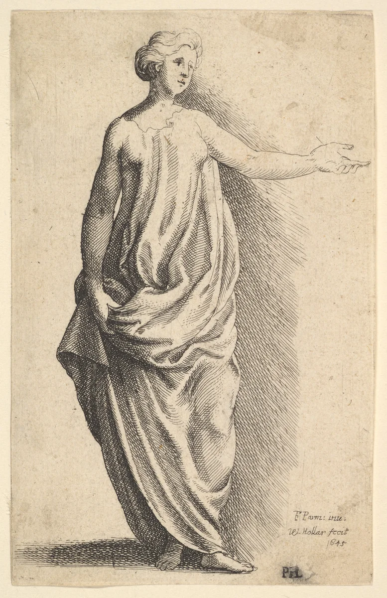 Standing female figure in loose classical robe, with arm outstretched by Wenceslaus Hollar, print, 1645
