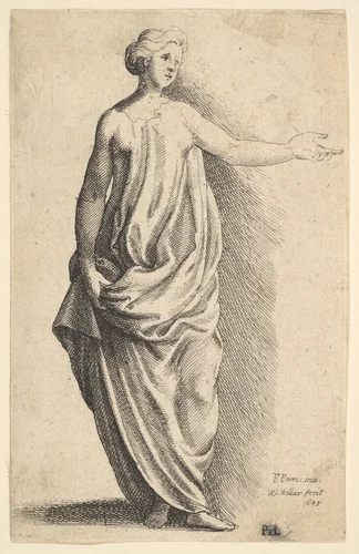 Standing female figure in loose classical robe, with arm outstretched by Wenceslaus Hollar, print, 1645