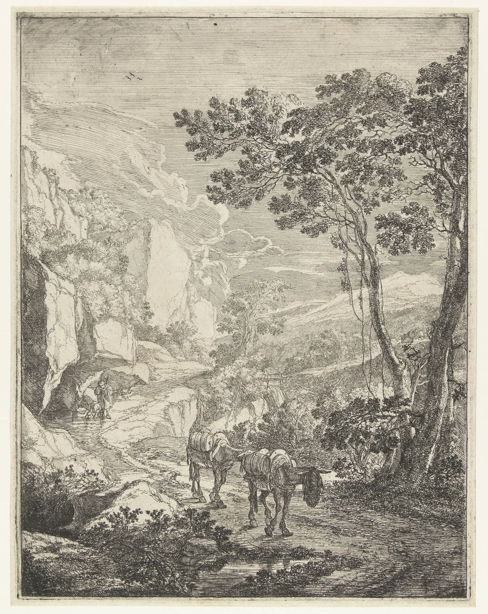 Landschap met twee muilezels voor de Rocca Aquatico bij Ancona by Jan Both, print, 1644-1652