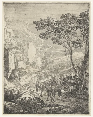 Landschap met twee muilezels voor de Rocca Aquatico bij Ancona by Jan Both, print, 1644-1652