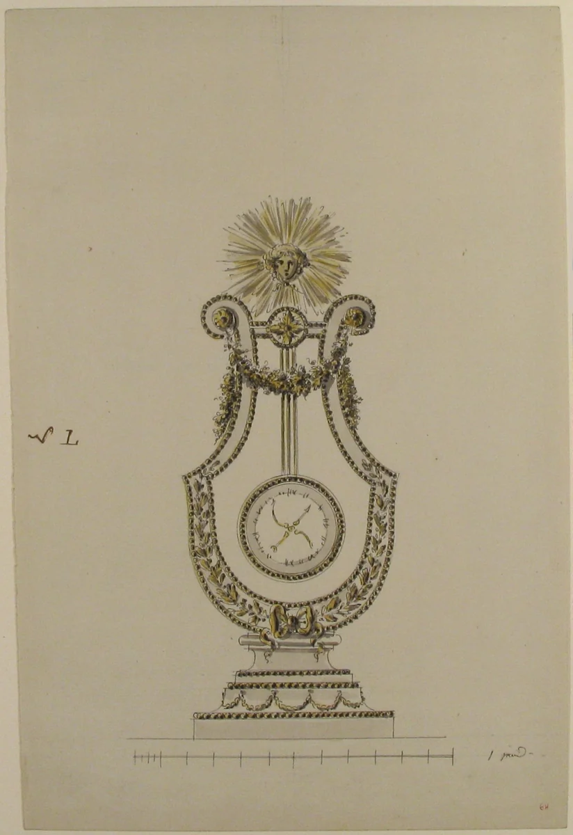 Design for a Clock in the Form of a Lyre by anonymous, drawing, 1770-1790