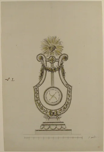 Design for a Clock in the Form of a Lyre by anonymous, drawing, 1770-1790