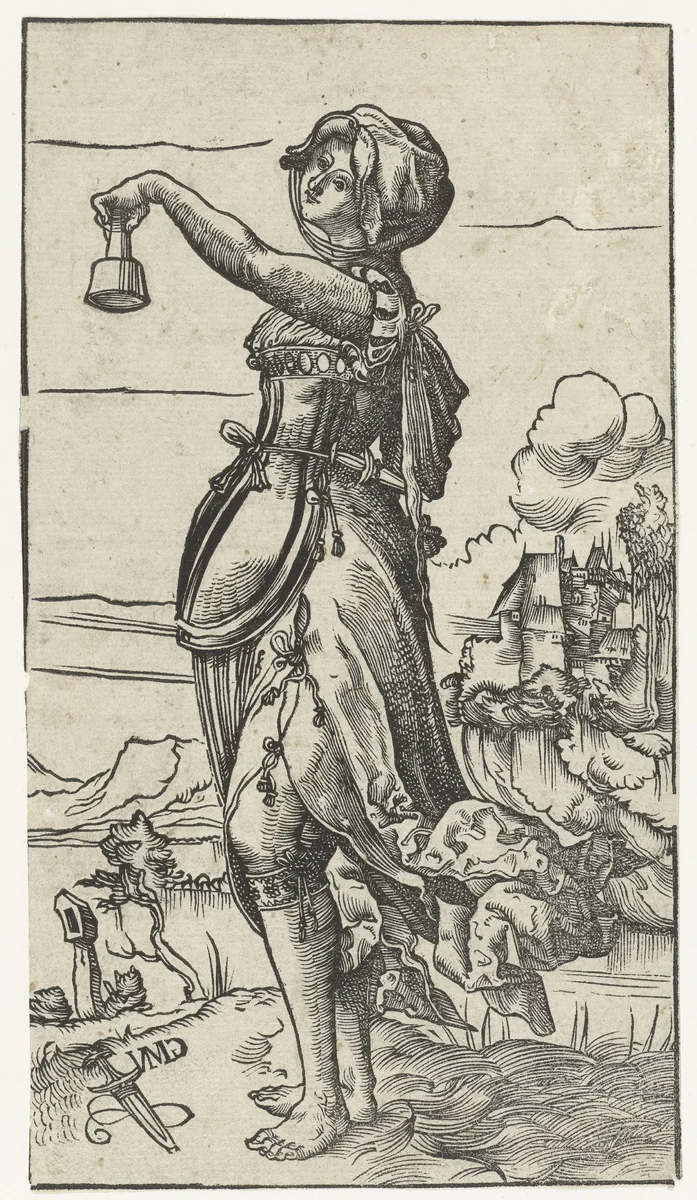 Dwaze maagd met uitgedoofde olielamp in landschap by Unknown, print, 1518