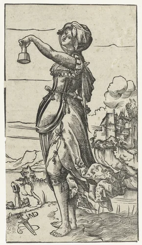 Dwaze maagd met uitgedoofde olielamp in landschap by Unknown, print, 1518