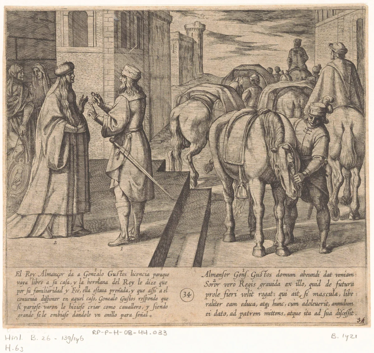 Gonzalo Gusto geeft een ring die aan zijn ongeboren kind gegeven moet worden als het een zoon is by Antonio Tempesta, print, 1612