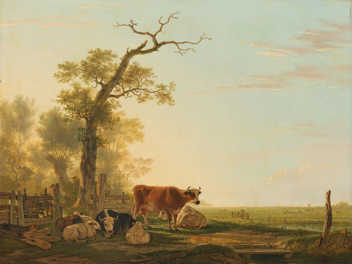 Meadow Landscape with Animals by Jacob van Strij, painting, 1800-1815