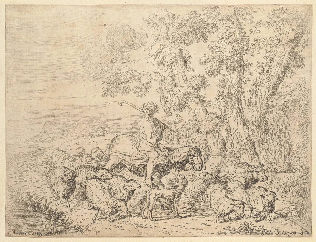 Shepherd on Horseback by Giovanni Santagostino, print, 1600-1700