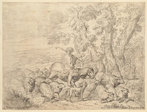 Shepherd on Horseback by Giovanni Santagostino, print, 1600-1700