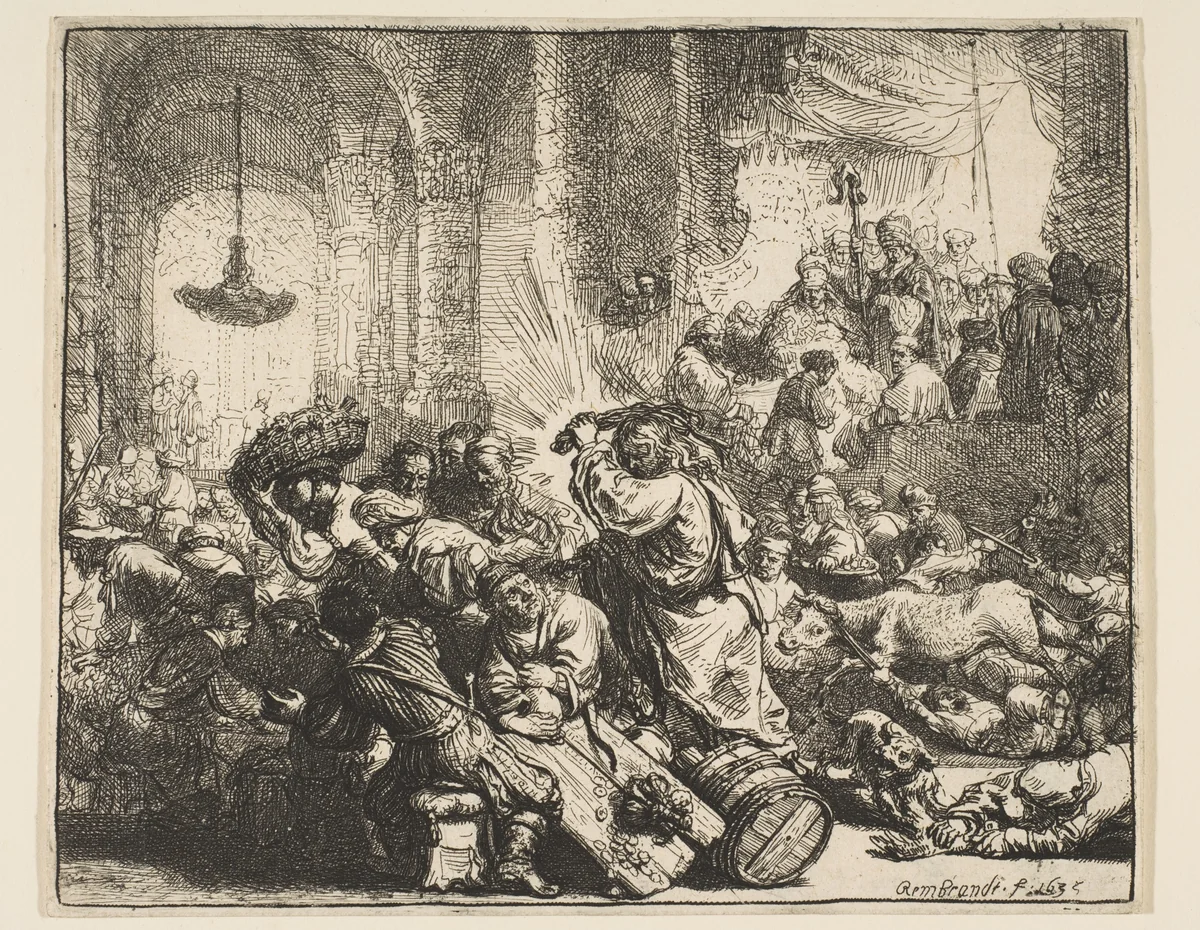 Christ Driving the Money Changers from the Temple by Rembrandt van Rijn, print, 1635