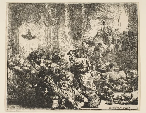 Christ Driving the Money Changers from the Temple by Rembrandt van Rijn, print, 1635