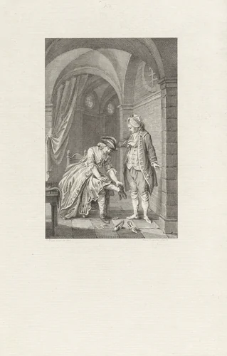 Graaf van Nithsdale verwisseld van kleding met zijn vrouw om te ontsnappen uit de gevangenis by Reinier Vinkeles, print, 1786