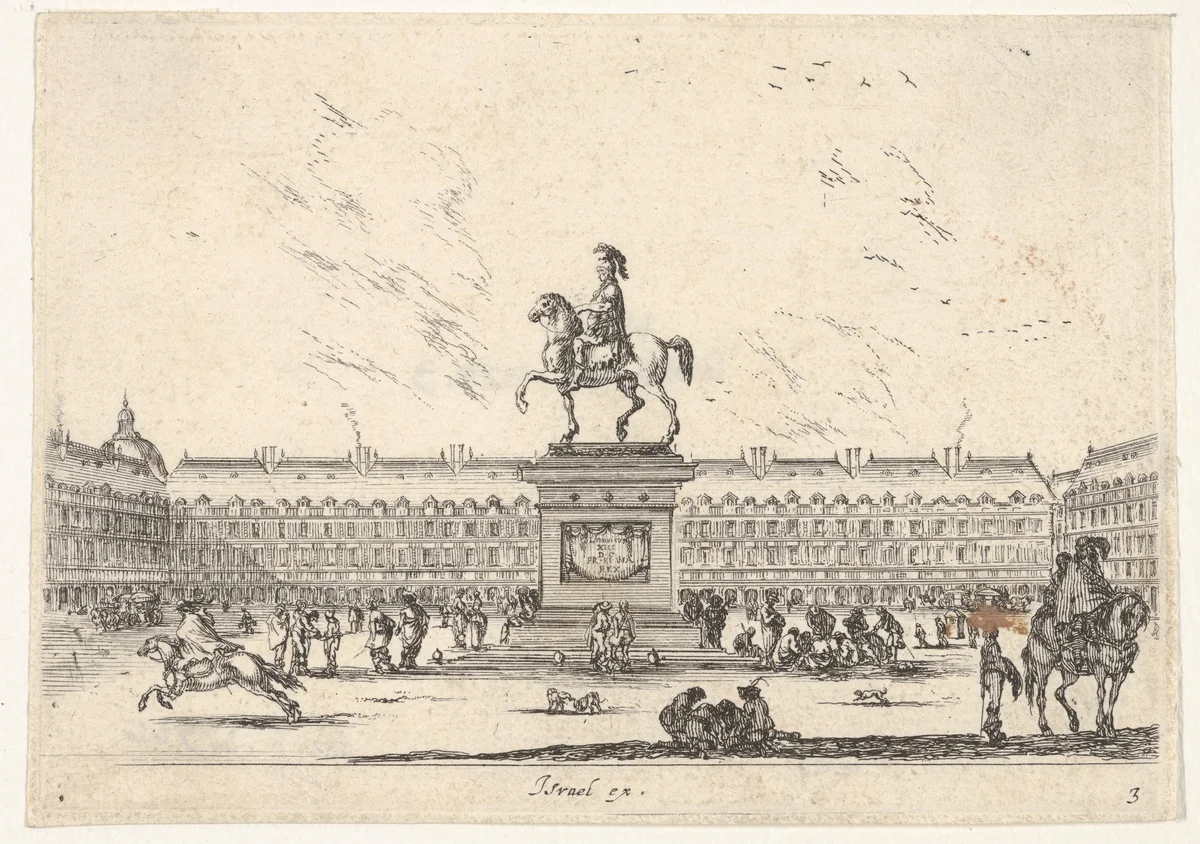 Plate 3: La Place Royale, equestrian statue of Louis XIII in profile facing the left in center, various horsemen and figures in background, from "Various Figures" (Agréable diversité de figures) by Stefano della Bella, print, 1642