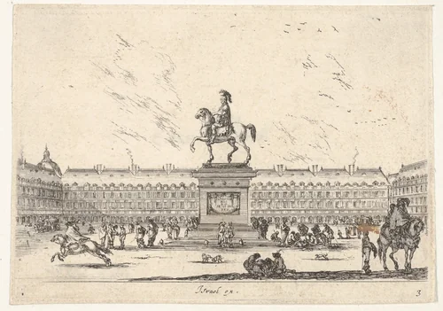 Plate 3: La Place Royale, equestrian statue of Louis XIII in profile facing the left in center, various horsemen and figures in background, from "Various Figures" (Agréable diversité de figures) by Stefano della Bella, print, 1642