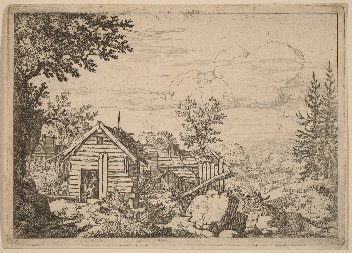 Two Men in the Doorway of a Hut by Allart van Everdingen, print, 1645-1656