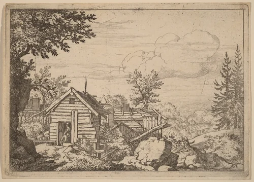 Two Men in the Doorway of a Hut by Allart van Everdingen, print, 1645-1656