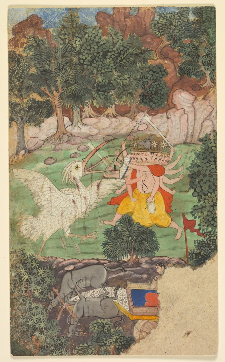 Battle of Ravana and Jatayu, from Chapters 50 and 51 of the Aranya Kanda (Book of the Forest) of Valmiki's Ramayana (Rama’s Journey); folio from the "Burnt" Ramayana by Unknown, painting, 1590-1610